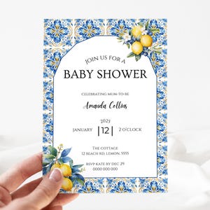 Amalfi Coast Baby Shower Invitation | Mediterranean Baby Shower Invite | Blue Tile Lemon Citrus Baby Shower Template | Italian | Digital