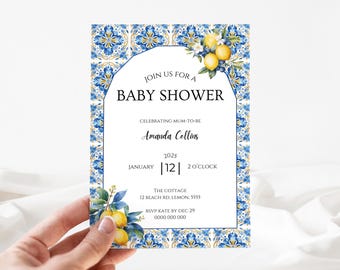 Amalfi Coast Baby Shower Invitation | Mediterranean Baby Shower Invite | Blue Tile Lemon Citrus Baby Shower Template | Italian | Digital