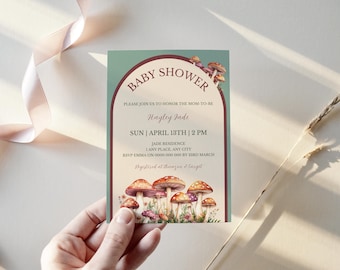 Mushroom Baby Shower Invitation | Boho Wildflower Mushrooms Baby Shower Template | Editable Garden and Woodland Invite | Gender Neutral