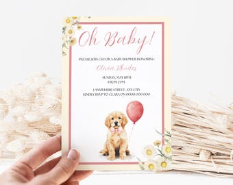 Może przedstawiać: Zaproszenie na baby shower w różowo-białych kolorach. Zaproszenie przedstawia szczeniaka golden retrievera trzymającego różowy balon i tekst "Oh Baby!"  "Proszę dołączyć do nas na baby shower z okazji narodzin Olivia Rhodes"  "Niedziela, 18 maja od 14:00"  "Anywhere Street, Any City"  "Proszę potwierdzić swój udział u Clary pod numerem 0000 000 0000"