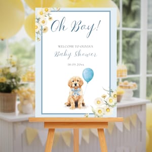 Golden Retriever Baby Shower Welcome Sign | Golden Retriever Puppy Baby Shower Sign | Dogs Editable Baby Shower Template | Oh Boy Baby Sign