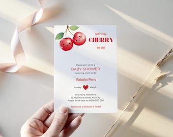 Cherry Baby Shower Invitation | She's The Cherry On Top Invite | Cutiepie Baby Shower | Modern Coquette Baby Shower | Adorable Cherries