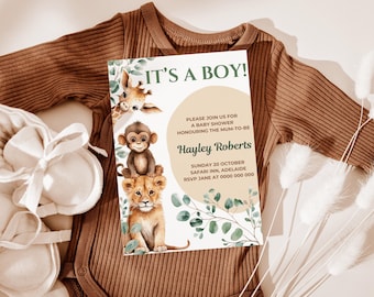 Invitación para baby shower de niño / Invitación para baby shower de safari / Plantilla editable para baby shower de niño con animales de la jungla / Invitación para baby shower de niño con animales de safari