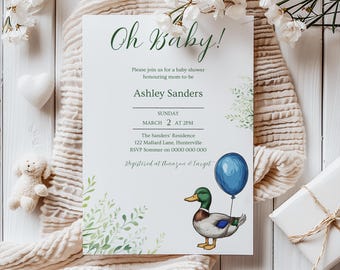de baby shower bleu canard colvert | Baby shower de chasse au canard | Faire-part de fête d'anniversaire bébé garçon | Modèle de douche de canard colvert modifiable