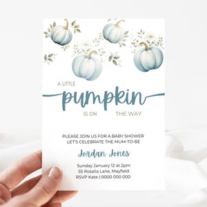 Little Pumpkin Baby Shower Invitation | Blue Boy Baby Shower Invitation Template | Watercolour Blue | Fall Pumpkin Theme Invite | On the Way