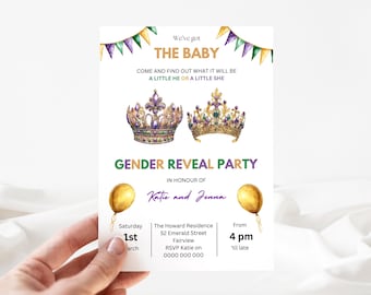May include: A gender reveal party invitation with watercolor crowns, balloons, and text. The invitation reads "We've got THE BABY" and invites guests to find out if it's a little he or she. The event is in honor of Katie and Jenna.