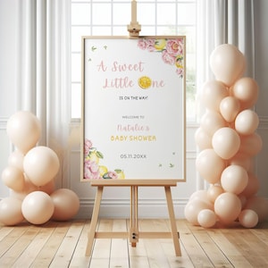 Pink Lemonade Baby Shower Welcome Sign | Sweet Little One Baby Shower Sign | Pink Floral Lemon Editable Template | Peony Citrus Entry Sign