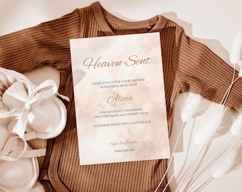 Heaven Sent Baby Shower Invitation | A Little Piece of Heaven Baby Shower Invite | Dreamy Clouds Boy Heaven Sent Baby Shower | Editable