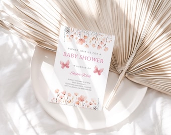 Baby In Bloom Baby Shower Invitation | Pink Floral Baby Shower Invite | Wildflower Blush Invitation | Spring Flowers Editable Template