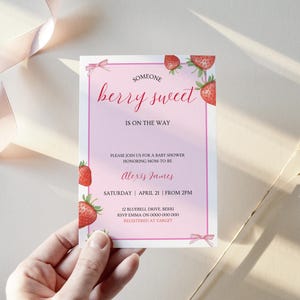 Strawberry Baby Shower Invitation | A Berry Sweet Baby Invite | Coquette Baby Girl Shower Template | Pink Bow Editable Shower Invitation
