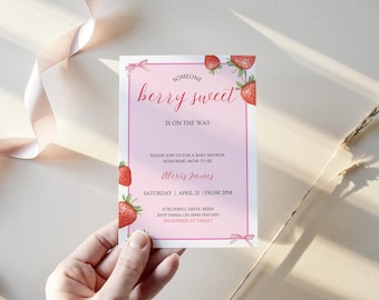 Erdbeer-Babyparty-Einladung | Eine Beere Süßes Baby einladen | Kokette Baby Girl Shower Template | Pink Bow bearbeitbare Duscheneinladung