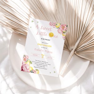 Pink Lemonade Baby Shower Invitation | Sweet Little One Baby Shower Invite | Pink Floral Lemon Editable Template | Peony Citrus Baby Shower