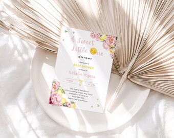 Pink Lemonade Baby Shower Invitation | Sweet Little One Baby Shower Invite | Pink Floral Lemon Editable Template | Peony Citrus Baby Shower