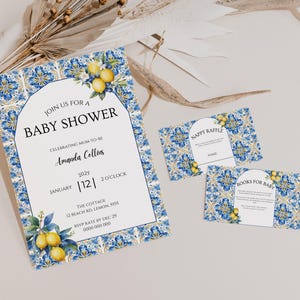 Amalfi Coast Baby Shower Bundle | Mediterranean Baby Shower Invite | Blue Tile Lemon Citrus Baby Shower Template | Italian | Digital