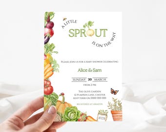 May include: A baby shower invitation with a green and white sprout design. The invitation reads "A Little Sprout is on the Way". The invitation also includes the names "Alice & Sam", the date "Sunday 30 March", the time "From 2 PM", the location "The Olive Garden", the address "12 Pumpkin Lane, Chester", the RSVP information "RSVP Terri on 0000 000 000", and the registry information "Registered at Amazon".