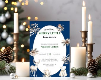 Könnte beinhalten: Eine blaue Babyparty-Einladung mit einem weißen ovalen Rand. Die Einladung zeigt ein winterliches Design mit einem Reh, einem Bären und einem Vogel. Der Text lautet "Schließen Sie sich uns zu einer Fröhlichen Kleinen Babyparty an Feiern der werdenden Mama Amanda Collins Dezember 15 | 14:00 Uhr The Collins Residence 1 Holly Lane, Old Town RSVP Kate bis zum 18. November 0000.000.000"