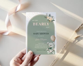 Bear Baby Shower Invitation | We Can Bearly Wait Sage Invite | Green Bear And Balloon Editable Baby Boy Template | Gender Neutral Teddy Bear