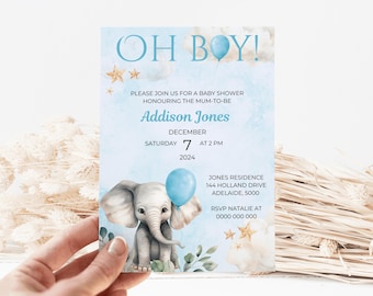 May include: Blue and white baby shower invitation with a cute elephant holding a blue balloon. The invitation says "Oh Boy!" and includes the text "Please join us for a baby shower honouring the mum-to-be Addison Jones, December 7 at 2 PM 2024. Jones Residence 144 Holland Drive Adelaide, 5000 RSVP Natalie at 0000 000 000".