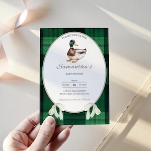 Mallard Duck Green Plaid Baby Shower Invitation | Duck Hunting Shower Invite | Editable Classic Plaid Duck Shower Printable Template