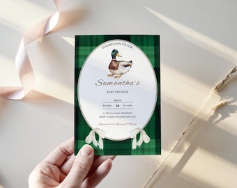 Mallard Duck Green Plaid Baby Shower Invitation | Duck Hunting Shower Invite | Editable Classic Plaid Duck Shower Printable Template