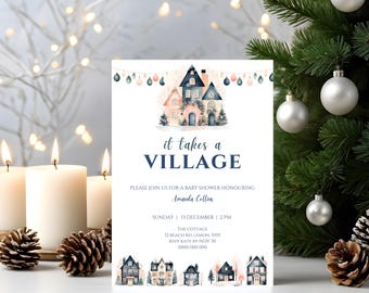 Könnte beinhalten: Eine Babyparty-Einladung mit einer Aquarell-Illustration eines Dorfes mit Häusern und Lichtern. Der Text lautet "Es braucht ein Dorf" und enthält Details zur Veranstaltung, einschließlich Datum, Uhrzeit, Ort und RSVP-Informationen.