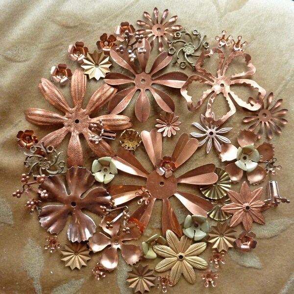 Vintage copper,brass,metal flowers, beads, 100 plus