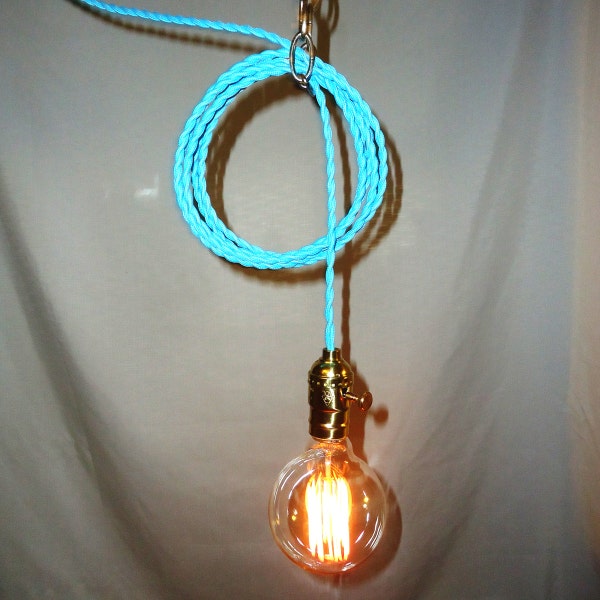 Light Blue Hanging Lamp - Exposed Edison Bulb