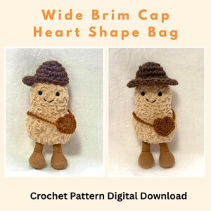 May include: Two crochet peanut-shaped dolls with smiling faces, wearing brown hats and heart-shaped bags. The dolls have tan bodies, brown hats, and brown feet. The text "Wide Brim Cap Heart Shape Bag" and "Crochet Pattern Digital Download" are displayed.