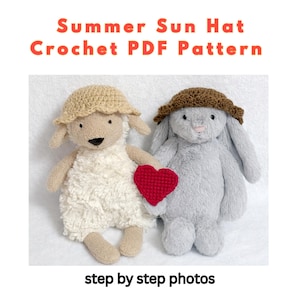 May include: Image of two stuffed animals, a sheep and a bunny, wearing crocheted sun hats. The sheep is white and tan, the bunny is gray. A red heart is between them. Text at the top reads "Summer Sun Hat Crochet PDF Pattern".