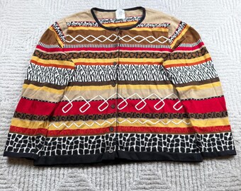 Cárdigan vintage Fisher Hill para mujer, talla L, de algodón, con estampado tribal geométrico estilo suroeste de los años 80.