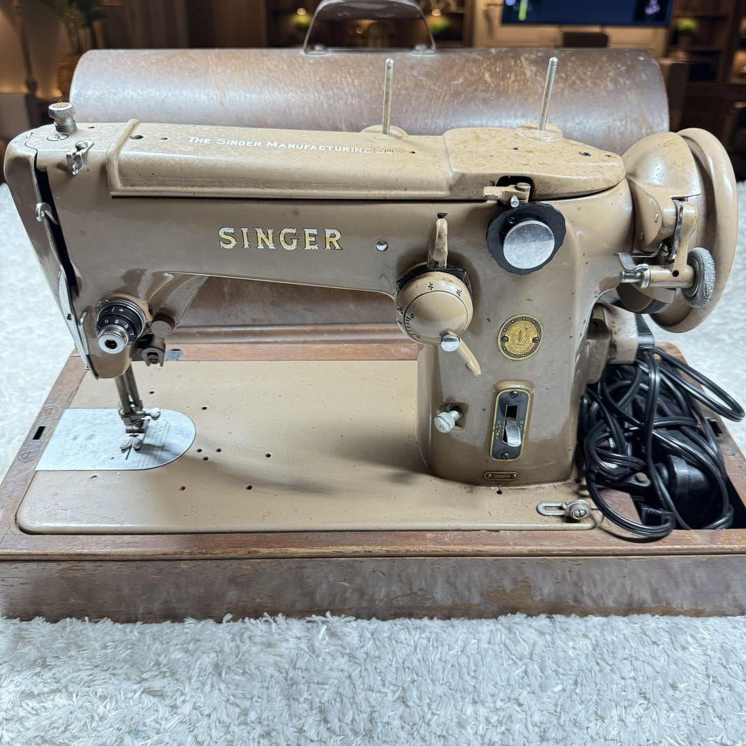 Vintage Singer 306K Sewing Machine Tan Electric Case Pedal UK Working ...