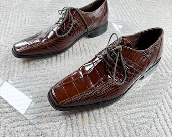 Stacy Adams Oxford Mens 10.5M Brown Croc Lizard Embossed Dress Luxury VTG 90s