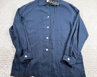 Chemise vintage en lin John Paul Richard pour femme, taille XS, bleue, style croisière plage années 90