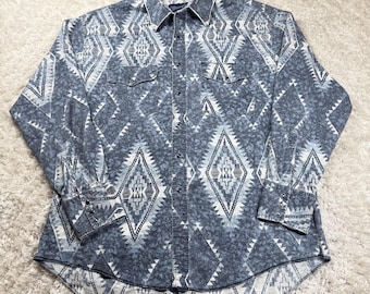 VTG Wrangler Skjorta Herr XL 17.5 35 Blå Aztec Brushpopper Western Pearl Snap 80-tal