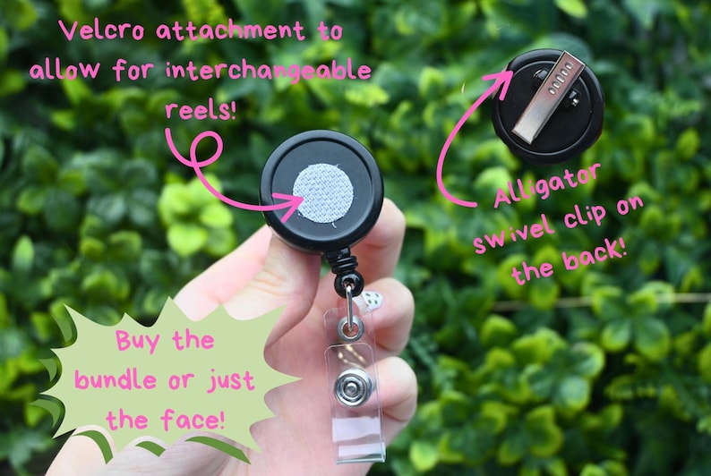 May include: Black retractable badge reel with a Velcro attachment for interchangeable reels. Features an alligator swivel clip on the back. The image includes text that says, "Buy the bundle or just the face!"