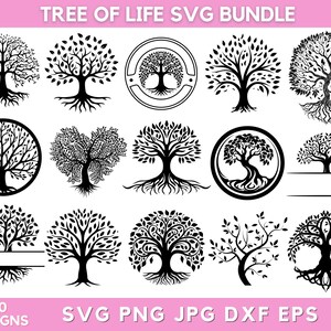 Puede incluir: Un conjunto de 20 diseños SVG de árbol de la vida en blanco y negro. Los diseños presentan varios estilos de árboles con raíces, ramas y hojas. El texto "TREE OF LIFE SVG BUNDLE" está en la parte superior de la imagen. El texto "20 DESIGNS" está en la parte inferior izquierda de la imagen. El texto "SVG PNG JPG DXF EPS" está en la parte inferior central de la imagen.