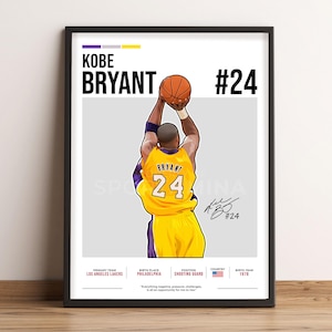 May include: A digital illustration of basketball player Kobe Bryant wearing a yellow and purple Los Angeles Lakers jersey with the number 24 on the back. The image includes his signature and the text "KOBE BRYANT #24".