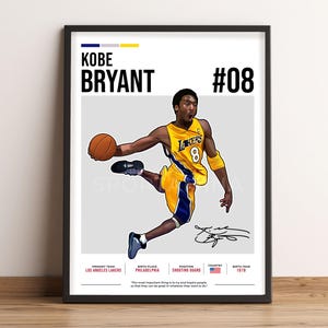 May include: A digital illustration of Kobe Bryant, a basketball player for the Los Angeles Lakers, wearing a yellow and purple jersey with the number 8. The image is set against a white background with text that reads "KOBE BRYANT #08".