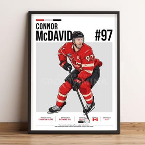 May include: A framed poster featuring Connor McDavid in a red hockey uniform with the number 97. The poster includes text with his name, team, birth details, and a motivational quote. The background is a light gray.