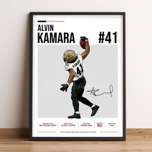 Peut inclure: Une illustration numérique d'Alvin Kamara, un joueur de football américain des Saints de la Nouvelle-Orléans. Il porte un uniforme noir et or avec le numéro 41. L'arrière-plan est gris avec le texte "ALVIN KAMARA #41" en haut. Le texte "PRIMARY TEAM NEW ORLEANS SAINTS" est en bas à gauche, "BIRTH PLACE ATLANTA, GEORGIA" est en bas au centre, "POSITION RUNNING BACK" est en bas à droite, et "COUNTRY" est en bas à droite avec un petit drapeau américain. Le texte "BIRTH YEAR 1995" est en bas à droite. Le texte "Hard work beats talent when talent doesn't work hard." est en bas au centre.