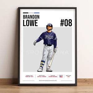 May include: A digital illustration of a baseball player wearing a Tampa Bay Rays uniform. The player is holding a bat and is wearing a protective brace on his left leg. The illustration is in a poster style with the player's name, number, and other information displayed below the image. The text reads "Brandon Lowe #08".