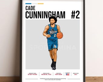 Może przedstawiać: Cyfrowa ilustracja koszykarza Cade'a Cunninghama w niebieskiej koszulce Detroit Pistons z numerem 2 z przodu. Tło jest szare z białym tekstem, który brzmi: "CADE CUNNINGHAM #2", "PRIMARY TEAM DETROIT PISTONS", "BIRTH PLACE ARLINGTON, TEXAS", "POSITION POINT GUARD", "COUNTRY" i "BIRTH YEAR 2001".