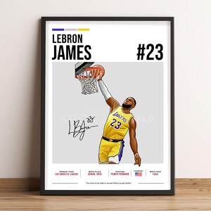 May include: A digital illustration of basketball player LeBron James wearing a yellow and purple Los Angeles Lakers jersey with the number 23 on it. He is jumping up to dunk a basketball. The background is gray with the text "LEBRON JAMES #23" at the top. The text "LAKERS 23" is on his jersey. His signature is in the bottom left corner. The text "PRIMARY TEAM: LOS ANGELES LAKERS, BIRTH PLACE: AKRON, OHIO, POSITION: POWER FORWARD, COUNTRY: USA, BIRTH YEAR: 1984" is at the bottom of the image. The quote "You have to be able to accept failure to get better" is below the text.