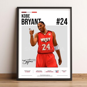 May include: A digital illustration of Kobe Bryant wearing a red basketball jersey with the number 24 and the word "WEST" on the front. The image is set against a white background with black text that reads "KOBE BRYANT #24". Below the image are details about his career, including his primary team, birth place, position, country, and birth year.