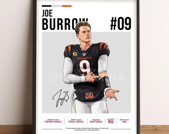 Plakat Joe Burrowa, sztuka piłkarska, prezent dla fana Joe Burrowa, ilustracja wektorowa, dekoracja ścienna poświęcona sportowi, pobieranie cyfrowe - JB1.