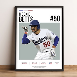 May include: A digital illustration of baseball player Mookie Betts wearing a white and blue Los Angeles Dodgers uniform with the number 50 on the front. The background is grey with the text "Mookie Betts #50" at the top and "Dodgers 50" in the centre. The text "Primary Team: LA Dodgers, Birth Place: Nashville, Position: Outfielder, Country: United States, Birth Year: 1992" is at the bottom of the image.