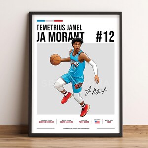 Puede incluir: Una ilustración digital de Ja Morant, un jugador de baloncesto de los Memphis Grizzlies. Lleva una camiseta azul con el número 12, pantalones cortos rojos y zapatillas rojas y blancas. Está botando un balón de baloncesto con la mano derecha y la izquierda extendida. El fondo es gris y el texto "TEMETRIUS JAMEL JA MORANT #12" está en la parte superior de la imagen. El texto "PRIMARY TEAM MEMPHIS GRIZZLIES BIRTH PLACE SOUTH CAROLINA POSITION POINT GUARD COUNTRY BIRTH YEAR 1999" está en la parte inferior de la imagen. El texto "Always aim to outwork your competition." está debajo del texto en la parte inferior de la imagen.