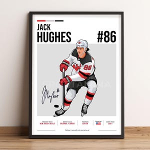 May include: A digital illustration of a hockey player wearing a white and red jersey with the number 86 on it. The player is holding a hockey stick and is in a skating position. The background is gray with the player's name, team, and other information. The text reads "Jack Hughes #86", "Primary Team: New Jersey Devils", "Birth Place: Orlando, Florida", "Position: Center", "Country: USA", "Birth Year: 2001".