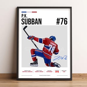 Puede incluir: Una ilustración digital de un jugador de hockey que lleva una camiseta roja y azul con el número 76 en la espalda. El jugador está en posición de patinaje con un palo de hockey en la mano. El nombre del jugador, P.K. Subban, está escrito en texto negro en la parte superior de la imagen. La camiseta del jugador tiene la palabra "Subban" en la espalda. La imagen también incluye el equipo principal del jugador, su lugar de nacimiento, su posición, su país y su año de nacimiento.