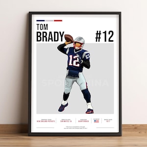 May include: A digital illustration of Tom Brady, a professional American football player, wearing a New England Patriots jersey. He is throwing a football and the text "TOM BRADY #12" is above him. The text "PRIMARY TEAM NEW ENGLAND PATRIOTS" is below him, along with his birth place, position, country, and birth year.